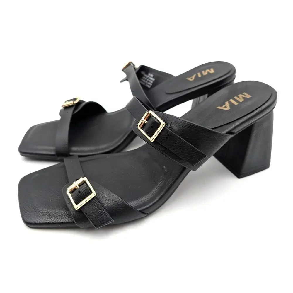 Mia Rene Double Buckle Block Heel Sandals Women's Black Size US8.5M EU38.5